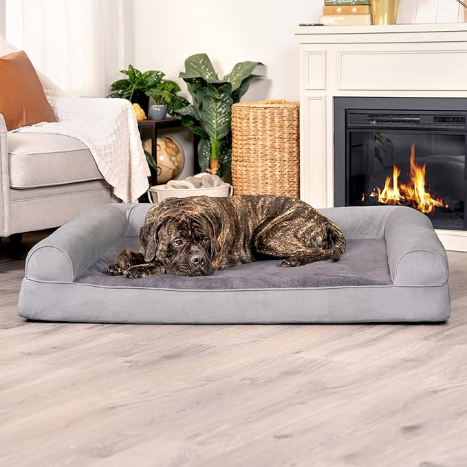 Furhaven Orthopedic Dog Bed for Large Dogs w/ Removable Bolsters &amp; Washable Cover, For Dogs Up to 125 lbs - Faux Fur &amp; Velvet Sofa - Smoke Gray, Jumbo Plus/XXL