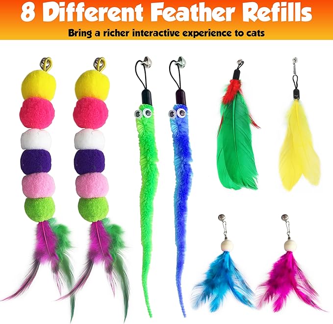 Cat toy pack with 27PCS self play accessories for indoor cats-cat teaser wand, fishing pole, suction cup, ball, string, mouse, feathers and hanging interactive cat toys for kitten Exercise &amp; Chase
