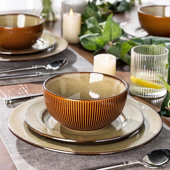 GBHOME Ceramic Dinnerware Sets,12 pcs Embossed Elegant Stoneware Plates and Bowls Sets, Housewarming Wedding Gift | Dishwasher &amp; Microwave Safe | Dishes Set Service for 4