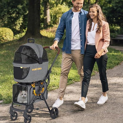 PAWZIDEA Double Pet Stroller with 2 Detachable Carriers, Portable Dog Crate for Car Travel &amp; TSA-Approved Expandable Cat Carrier, Foldable Lightweight Jogger Stroller for 2–4 Cats or Small/Medium Dogs