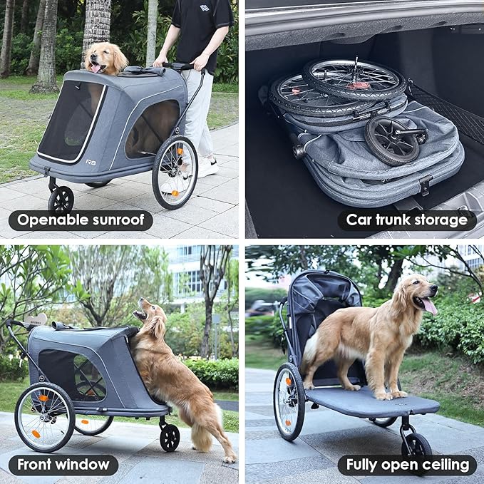 R8 Extra Large Foldable Pet Stroller, Dog Stroller &amp; Pet Trailer for Large Dogs Under 100 lbs, Unmovable, Disabled &amp; Pregnant Dogs - Conveniently Carriable by Bike and Car, Grey