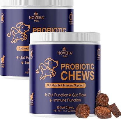 NOVEHA Probiotic Chews for Dogs | Ultimate Gut Health &amp; Digestive Support | for Healthy Skin &amp; Coat | Relieves Itching &amp; Paw Licking | Probiotics for Pet Dogs with Allergies (180 Chews 2-Pack)