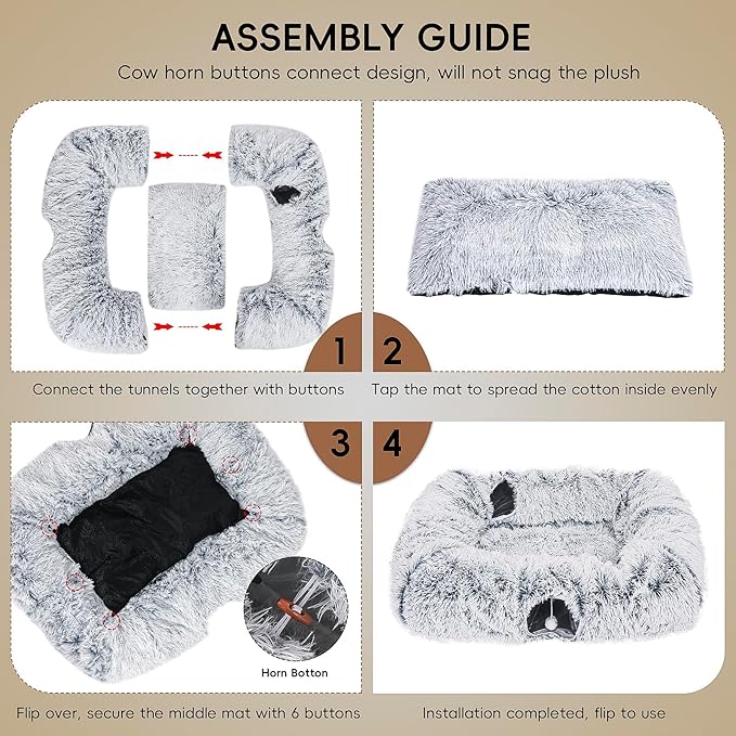 Extra Large Cat Tunnel Bed, 4 Ways Tunnels for Indoor Cats, Multi-cat Family Peekaboo Cave &amp; Cat Bed, Plush Cat Donut with Washable Middle Mat, Exit Balls, Pet Play Toy for Kitten Puppy Rabbit