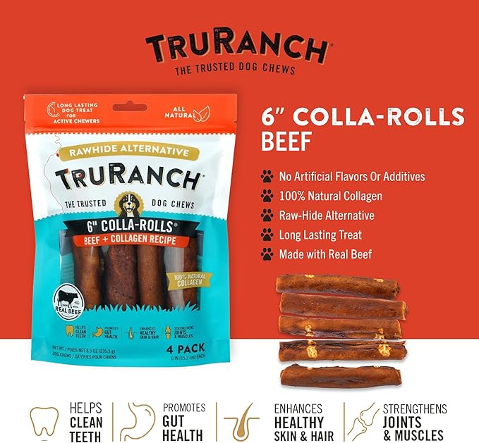 Collagen Rolls - 6" Collagen Rolls for Dogs - Long Lasting Healthy Joint Support - Rawhide Alternative - Skin &amp; Coat Health - Made with Real Beef, Value Pack, 15 Bags, 60 Count