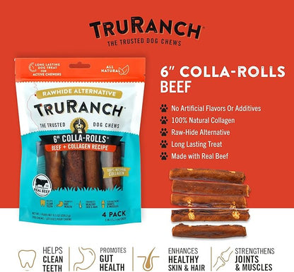 Collagen Rolls - 6" Collagen Rolls for Dogs - Long Lasting Healthy Joint Support - Rawhide Alternative - Skin &amp; Coat Health - Made with Real Beef, Value Pack, 15 Bags, 60 Count