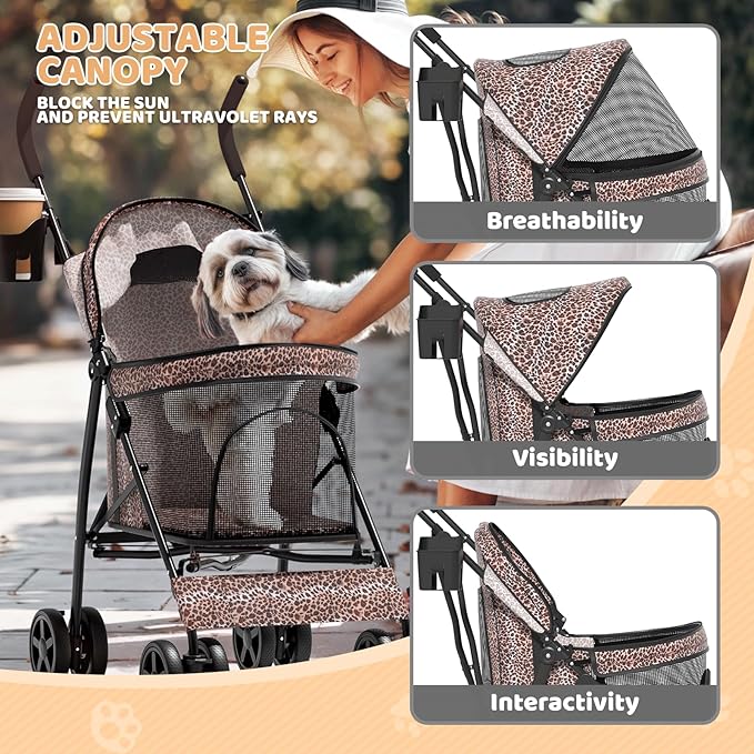Magshion Compact Pet Stroller for Small-Medium Dogs/Cats up to 22lbs, 4-Wheel Lightweight Umbrella Shaped Portable Puppy Travel Jogger with Breathable Mesh, Cup Holder &amp; Rear Storage, Leopard Print