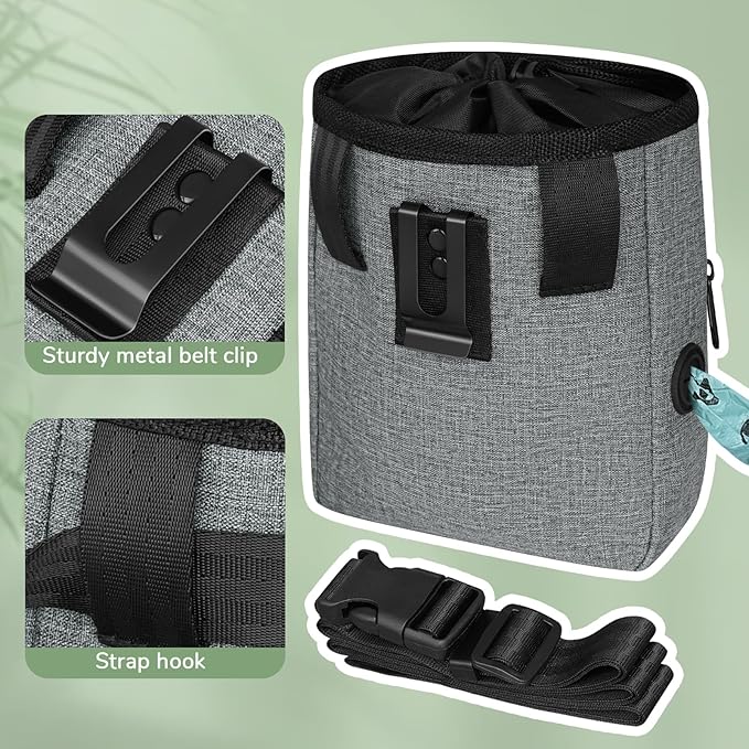 Upgraded large-sized Dog Treat Pouch with waist clip - Fashionable Green&amp;Grey Design - Large Capacity Dog Treat Bag for Dog Walks,Outdoor Activities, Travel and Training - Includes 1 Poop Bags