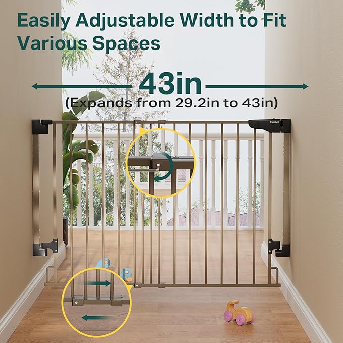 Cumbor 29.2-43" No Bottom Bar Baby Gate for Stairs, 2-in-1 Hardware Mounted Dog Gate Indoor, Pet Gate for Doorways with Large Walk Thru Door, Child-Proof Safety Gate for Top &amp; Bottom of Stairs (Brown)