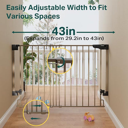 Cumbor 29.2-43" No Bottom Bar Baby Gate for Stairs, 2-in-1 Hardware Mounted Dog Gate Indoor, Pet Gate for Doorways with Large Walk Thru Door, Child-Proof Safety Gate for Top &amp; Bottom of Stairs (Brown)
