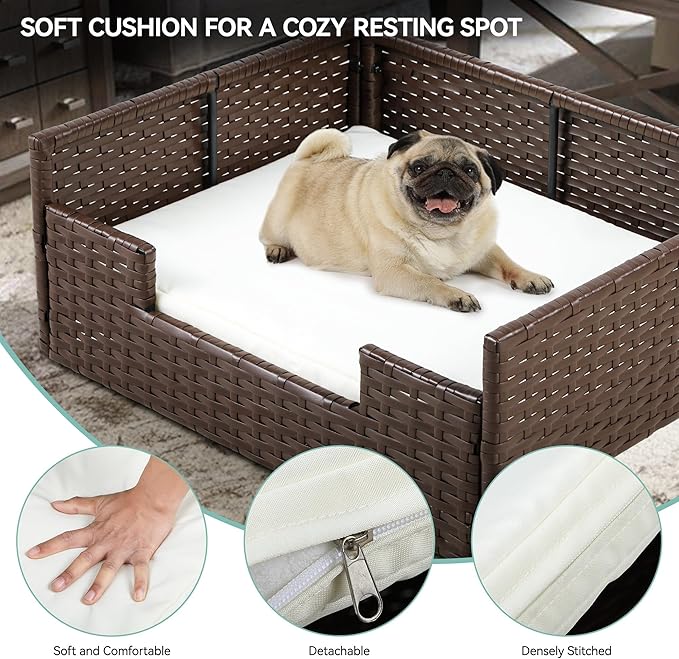 YITAHOME Rattan Dog Sofa Bed with Cushion,Wicker Pet Bed Sofa Couch Indoor Outdoor Water Unaffected for Large Medium Small Dogs Cats (24.8&