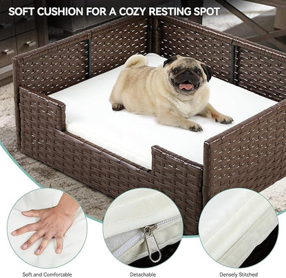 YITAHOME Rattan Dog Sofa Bed with Cushion,Wicker Pet Bed Sofa Couch Indoor Outdoor Water Unaffected for Large Medium Small Dogs Cats (24.8&
