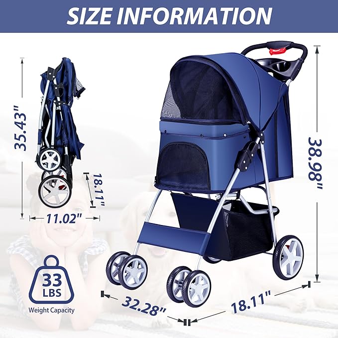 4 Wheels Pet Stroller for Small Medium Dogs Cats 10-33 lbs, Foldable Dog and Cat Stroller with Cup Holder &amp; Storage Basket &amp; Breathable Mesh, Pet Strolling Cart for All-Season, Navy Blue