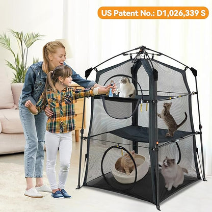 Extra Large Catio Outdoor Cat Enclosure,3 Tier Cat Tower Tent Weatherproof &amp; Sunproof with 3 Doors, Foladable and Portable for Patio, Deck,Camping, Indoor &amp; Outdoor(Patented)-Wave Shade
