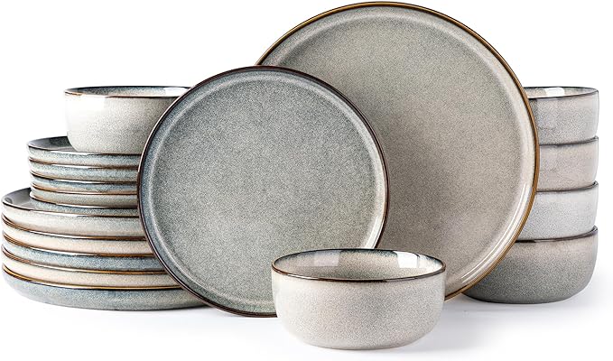GBHOME Ceramic Dinnerware Sets for 6, 18 Pieces Stoneware Plates and Bowls Sets, Reactive Glaze Dishes -Scratch Resistant, Dishwasher&amp;Microwave Safe, Green Wheat
