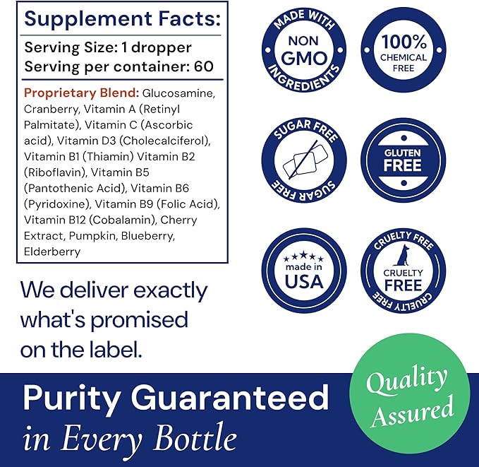 Advanced 15-in-1 Multivitamin for Dogs &amp; Cats - Premium Liquid Supplement with Glucosamine, Vitamin B Complex and Cranberry for Joint, Digestive, Skin, Immune &amp; UTI Support - 2.0 Fl Oz - Made in USA