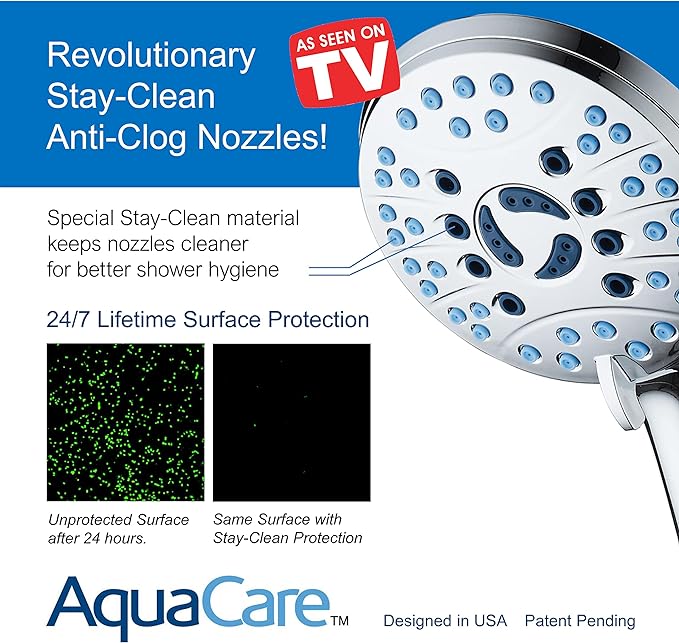 Hotel Spa AquaCare High Pressure 8-Mode Handheld Shower Head - Anti-clog Nozzles, Built-in Power Wash to Clean Tub, Extra Long 6 ft. Stainless Steel Hose, Wall &amp; Overhead Brackets