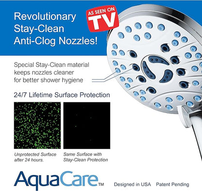 Hotel Spa AquaCare High Pressure 8-Mode Handheld Shower Head - Anti-clog Nozzles, Built-in Power Wash to Clean Tub, Extra Long 6 ft. Stainless Steel Hose, Wall &amp; Overhead Brackets