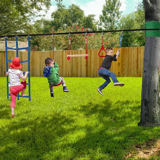 Slsy Ninja Warrior Obstacle Course for Kids, 50FT Durable Ninja Slackline Kit with 8 Complete Accessories, Playset Equipment with Swing, Climbing Net, Ladder &amp; Monkey Bars (8 Obstacles)