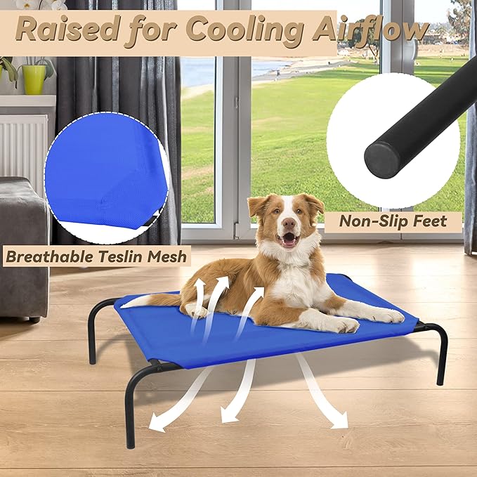 PHYEX Elevated Dog Bed for Medium Dogs, Dog Cot Bed with Sturdy Steel Frame for Indoor &amp; Outdoor Use, Non Slip, Easy to Clean, 43.5 Inches, Blue