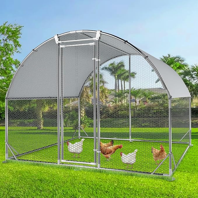 4ever2buy Large Metal Chicken Coop with Run Walk-in Poultry Cage Chicken Runs House Pen Cage Dome Roofed Chicken Coops with Anti-Ultraviolet Cover for Outdoor Yard Farm Use 9.5&
