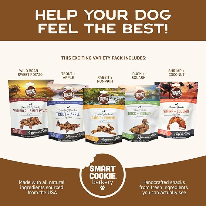 Smart Cookie All Natural Soft Dog Treats - 5 Flavor Variety Pack (5oz Each) - Healthy Dog Treats for Dogs &amp; Puppies with Allergies, Sensitive Stomachs - Chewy, Grain Free, Made in USA