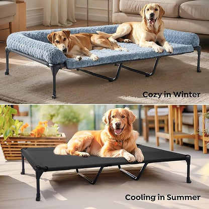 Veehoo Cooling Elevated Dog Bed Add Removable Deluxe Rose Plush Bolster Cushion Mat, 59" x 37" Washable Dog Couch Bed, Raised Pet Cot with Breathable Teslin Mesh, No-Slip Feet, Haze Blue, CWC2439B