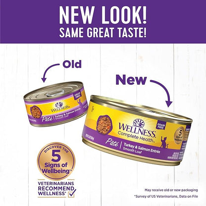 Wellness Complete Health Pate Adult Wet Cat Food, Natural, Protein-Rich, Grain Free, 5.5 Ounce, 24 Pack, (Turkey &amp; Salmon)