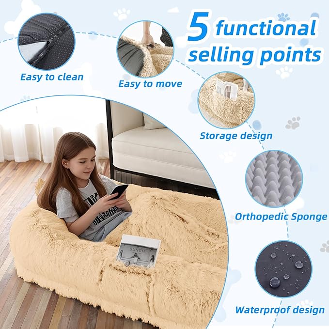 Human Dog Bed for Adults &amp; Pets, 63"x32"x10" XL Faux Fur Nap Bed with Pillow, Blanket &amp; Strap, Orthopedic Washable Lounger for Sleeping, Relaxing, Cuddling – Beige