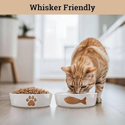 Ceramic Cat Bowls Whisker Friendly - Ceramic Cat Bowl Set of 2 Cute Designs with Anti-Slip Bases - Dishwasher &amp; Microwave Safe Food and Water Bowls for Cats - Dishes for Cats - Kitten Food Bowl Set
