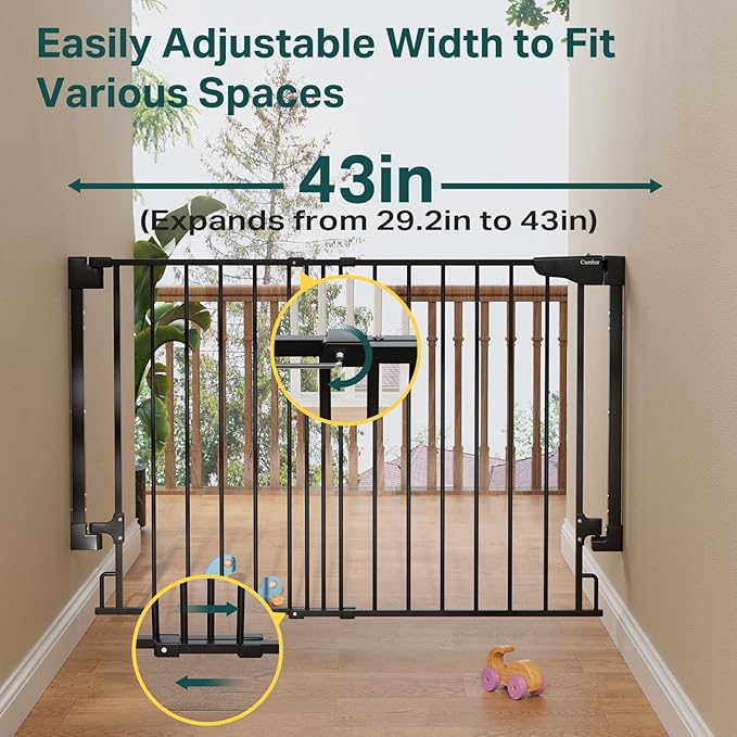 Cumbor 29.2-43" No Bottom Bar Baby Gate for Stairs, 2-in-1 Hardware Mounted Dog Gate Indoor, Wide Pet Gates for Doorway with Large Walk Thru Door, Child-Proof Gate for Top &amp; Bottom of Stairs(Black)