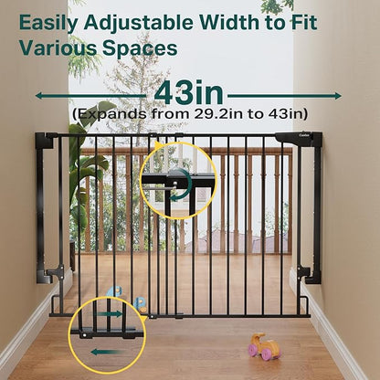 Cumbor 29.2-43" No Bottom Bar Baby Gate for Stairs, 2-in-1 Hardware Mounted Dog Gate Indoor, Wide Pet Gates for Doorway with Large Walk Thru Door, Child-Proof Gate for Top &amp; Bottom of Stairs(Black)