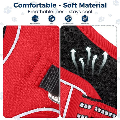 Funfox Dog Harness No Pull, Adjustable Pet Vest Harness, Super Soft Material with Vertical Handle Easy Control, Reflective Night Walking, 2 Leash Clips for Small Sized Dogs, Red, S