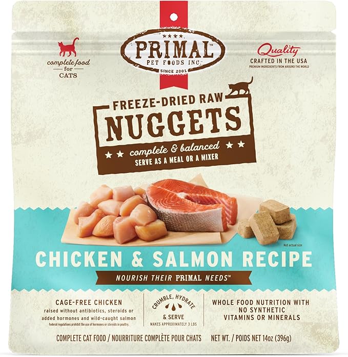 Primal Freeze Dried Raw Cat Food Nuggets Chicken &amp; Salmon, Complete &amp; Balanced Meal or Topper, Premium, Healthy, Grain Free, High Protein Raw Cat Food with Probiotics (14 oz)