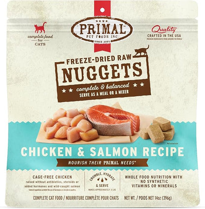 Primal Freeze Dried Raw Cat Food Nuggets Chicken &amp; Salmon, Complete &amp; Balanced Meal or Topper, Premium, Healthy, Grain Free, High Protein Raw Cat Food with Probiotics (14 oz)