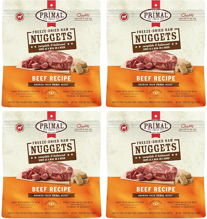 Primal Freeze Dried Dog Food Nuggets, Beef; Complete &amp; Balanced Meal; Also Use as Topper or Treat; Premium, Healthy, Grain Free, High Protein Raw Dog Food, 14 oz (Pack of 4)