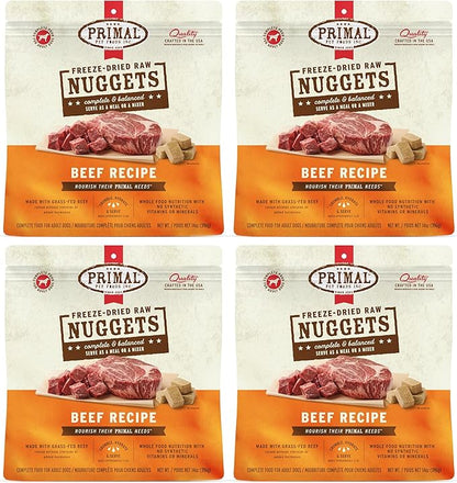 Primal Freeze Dried Dog Food Nuggets, Beef; Complete &amp; Balanced Meal; Also Use as Topper or Treat; Premium, Healthy, Grain Free, High Protein Raw Dog Food, 14 oz (Pack of 4)