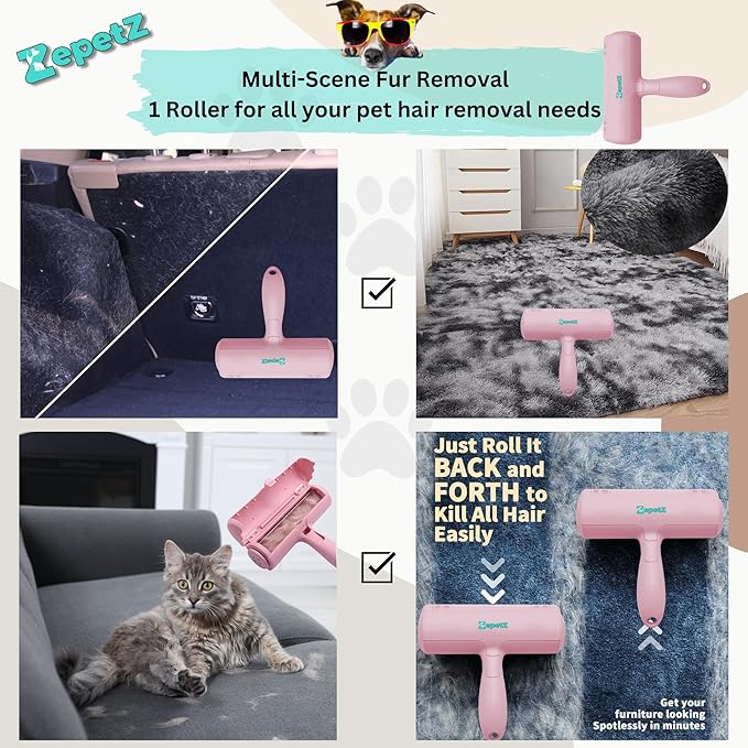 Pet Hair Removal Tool – Reusable Lint Roller for Dogs &amp; Cats – Self-Cleaning Fur Remover Brush – Ergonomic Lint Roller for Carpet, Bedding, Couch, Car Seat &amp; More (Pink)