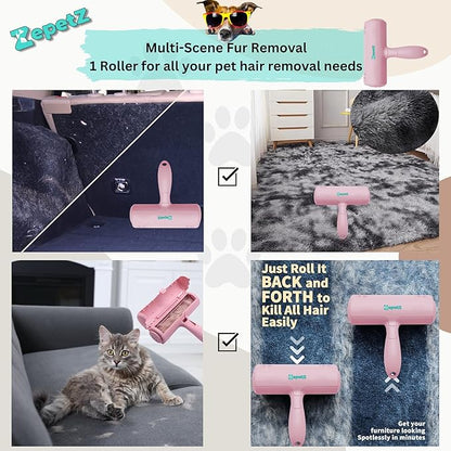 Pet Hair Removal Tool – Reusable Lint Roller for Dogs &amp; Cats – Self-Cleaning Fur Remover Brush – Ergonomic Lint Roller for Carpet, Bedding, Couch, Car Seat &amp; More (Pink)