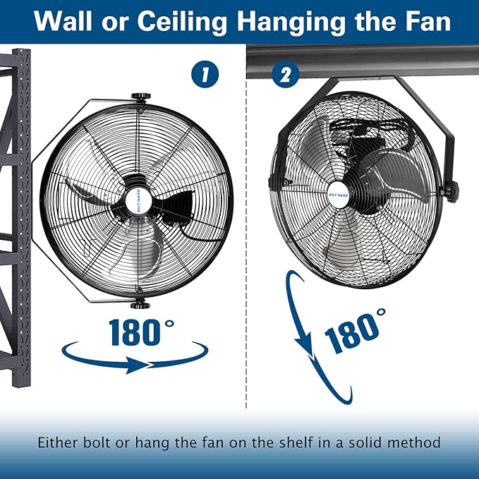 BILT HARD 4600 CFM 20 in. Industrial Wall Mount Fan, 3-Speeds High Velocity Wall Fan with Sealed Motor, Heavy Duty Metal Barn Fans for Garage, Commercial, Greenhouse, Warehouse &amp; Shop Use