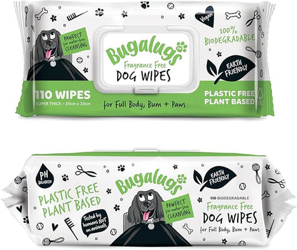 Dog Wipes, 100% Plastic Free Biodegradable pet Wipes for Full Body, Eye Wipes, Ear Wipes, Bum &amp; Paws. 110 Sensitive Dog Grooming Wipes for Dogs, Puppy &amp; cat Grooming (Fragrance Free)