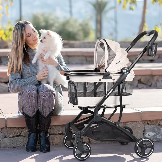T3 Foldable Pet Stroller for Small Dogs &amp; Cats – 3-in-1 Lightweight Design, 180° Canopy &amp; Detachable Carrier (Beige)