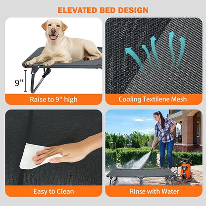 Elevated Dog Bed for Large Pet with No-Slip Feet, Foldable Portable Washable Raised Bed for Indoor&amp;Outdoor Camping Dog Cot, with Cooling Waterproof Breathable Mesh (Large, Black-Textilene)