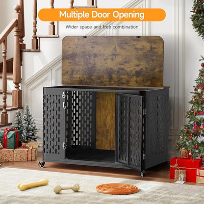 Heavy Duty Dog Crate Furniture for Large and Medium Dogs, 43.7 Inch Large Dog Crate Kennel with Flip Top &amp; Cushion &amp; Wheels, Escape Proof Pet Cage for High Anxiety Dogs
