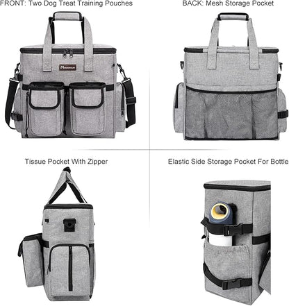 Airline Approved Dog Travel Bag with 2 Dog Treat Training Pouches, Tote Organizer for Weekend Pet Travel Supplies &amp; Accessories, 2 Collapsible Bowls, 2 Food Container (Grey)
