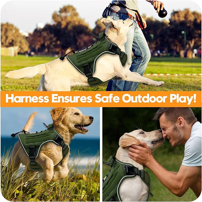 Heavy-Duty Tactical Dog Harness for Large Dogs, No Pull Adjustable Reflective Pet Vest with Molle System, K9 Military-Grade Control for Service Training, Outdoor &amp; 10+ Breeds, Green, XX-Large