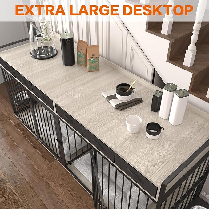 86.6inch Dog Crate Furniture with Storage,Furniture Style TV Stand Dog Kennel for 2 Dogs,with 6 Drawers,Removable Divider&amp;Adjustable Bowls,Heavy Duty Metal Chew-Resistant Dog Crate Furniture