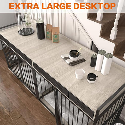 86.6inch Dog Crate Furniture with Storage,Furniture Style TV Stand Dog Kennel for 2 Dogs,with 6 Drawers,Removable Divider&amp;Adjustable Bowls,Heavy Duty Metal Chew-Resistant Dog Crate Furniture