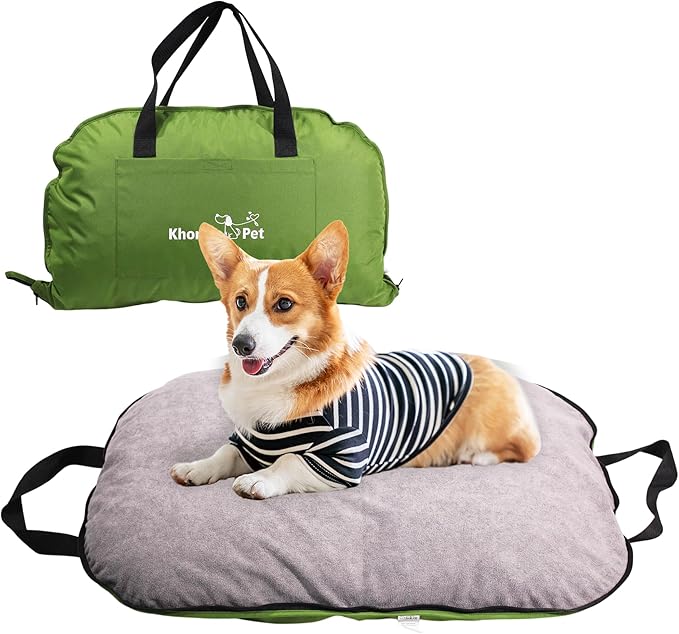 Portable Waterproof Dog Mat for Camping, Patio &amp; Travel - Foldable Outdoor Dog Bed with Teflon Shell &amp; Removable Plush Pad - Easy Clean, Durable - M (Sage Green)