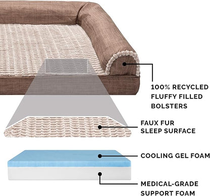 Furhaven Cooling Gel Dog Bed for Medium/Small Dogs w/ Removable Bolsters &amp; Washable Cover, For Dogs Up to 35 lbs - Luxe Faux Fur &amp; Performance Linen Sofa - Woodsmoke, Medium