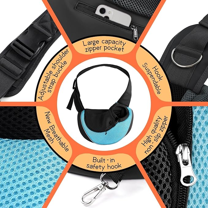 YUDODO Pet Sling Carrier for Small Dogs &amp; Cats – Hands-Free Puppy Carrier with Safety Hook, Large Zipper Pocket, Soft Breathable Mesh, Adjustable Strap &amp; Reflective Strip (Cyan 2.0 S)